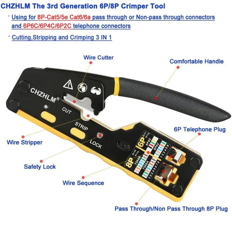 All In One Pass Through RJ45 Crimp Tool Kit With Wire Stripper And Cutter Heavy Duty Crimper for 8P RJ45 Cat5 Cat5e Cat6 Cat6a 6P RJ11 RJ12 Telephone Connectors