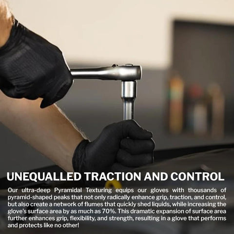 Side view of a black disposable nitrile glove worn by a mechanic gripping a socket wrench near a car.