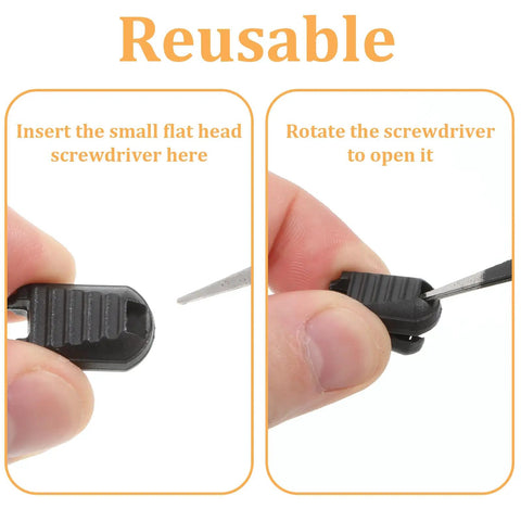Close-up of installation process for 25 Pack Zipper Pull Tabs And Cord End Caps For Shoes And Bags 3.5mm Ends Cord Lock Clips End Tips Replacement