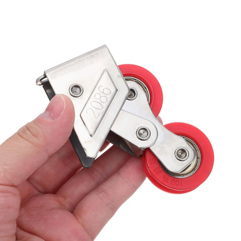 Heavy Duty Stainless Steel Double Roller Wheels For Sliding Door Replacement Kit in hand, showcasing red pulleys for smooth gliding.