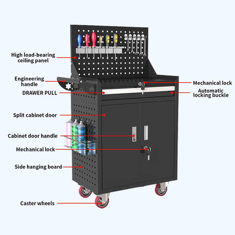 Rolling Tool Chest With Back Panel And Lockable Drawer On Wheels Built Tough For Workshop And Warehouse Heavy Duty Tool Organizer With Top Backboard For Hanging Tools Black, black steel cabinet with caster wheels