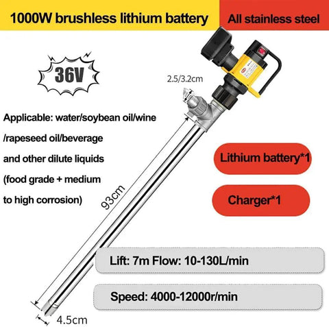 1000W Cordless Electric Drum Pump With 93cm Magnesium Alloy Tube For Diesel And Oil Transfer High Viscosity Liquid Power Suction Brushless Motor Durable Design Portable Fuel Dispenser Quick Fill Solution