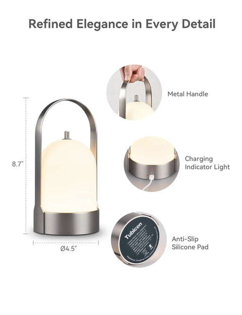 Portable Grab And Go Cordless Table Lamp With 4000mAh Battery, 4 Level Dimmable Touch Lamp, IP44 Waterproof Lantern For Bedroom Bathroom Patio Balcony Bar Camping Party, Rechargeable LED Light In Nickel Finish