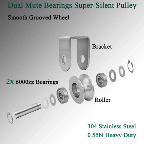 2 Pack U Type Single Wheel Pulley Block With Duplex Bearings, 304 Stainless Steel Heavy Duty Rope Pulley For Material Handling And Moving, Supports 400 Kg, 880 Lb, Fits 3-10 mm Wire Or Hemp Rope exploded view with 6000zz bearings and U bracket