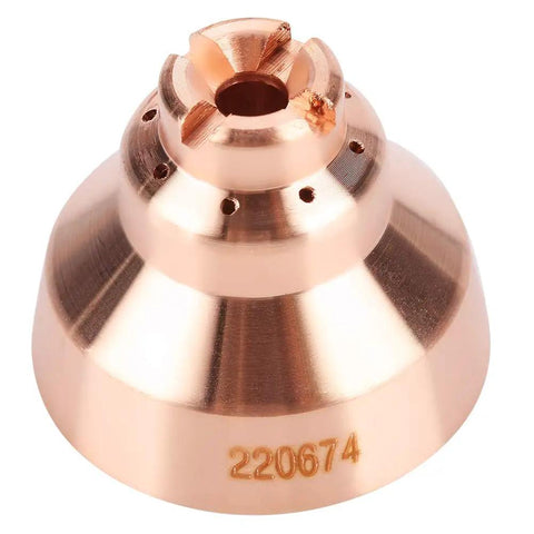 Copper nozzle from Five Piece Plasma Consumables Set For 220674 Coverfit Plasma Cutter Torch Replacement Parts For Thermal Dynamics Machines Must Have Pro Grade Copper Construction Precision Lathe Machined Durable Electrodes And Tips