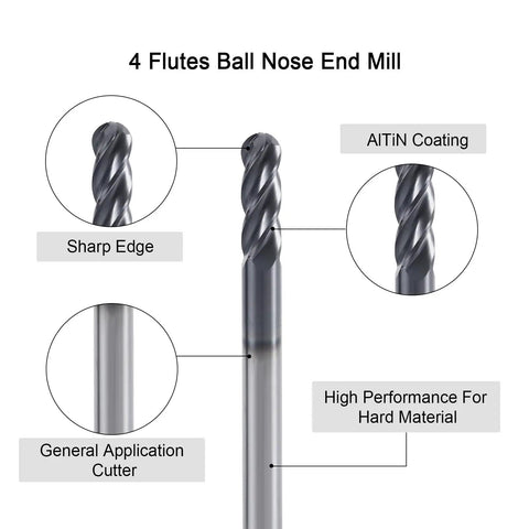 Four Flute Carbide Ball Nose End Mill For Badass Metalworking Micro Grain Carbide With Anti Wear Coating Built For Alloy And Hardened Steels Sizes One Eighth Inch One Quarter Inch Three Eighths Inch One Third Inch Durable High Precision Cutter close-up with labels