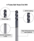 4 Flute Carbide Ball Nose End Mill For Alloy Steels And Hardened Steels Pro Grade With Anti Coating and Micro Grain
