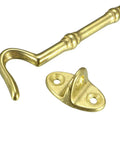 Hook Latch for Gate Door Window Cabinet Eye Closure with Mounting Screws in brass material, showing hook and mounting plate.