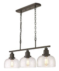 Three Light Farmhouse Kitchen Island Pendant Chandelier, 35.4 in Long, Black Finish With Seeded Bubble Glass, front view