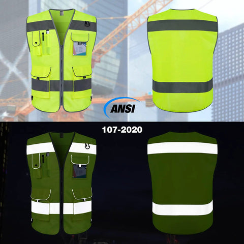 High Visibility Safety Vest For Men And Women With 9 Pockets, Reflective Strips For 360 Degree Night Visibility, ANSI ISEA Approved Work Vest In Yellow, X Large shown front and back