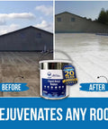 Image showing before and after of a roof with One Coat Wonder EPDM Butyl Rubber Roof Coating And Waterproof Sealant For EPDM TPO Metal Fiberglass Concrete No Primer Needed Quick Leak Stop Heavy Duty 1 Gallon White Roof Solution applied.