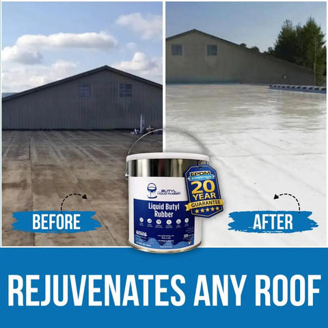Image showing before and after of a roof with One Coat Wonder EPDM Butyl Rubber Roof Coating And Waterproof Sealant For EPDM TPO Metal Fiberglass Concrete No Primer Needed Quick Leak Stop Heavy Duty 1 Gallon White Roof Solution applied.