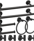 Ten Piece Bathroom Hardware Kit With 16 Inch Towel Bars, Toilet Paper Holders, Towel Rings, And Robe Hooks in black matte finish