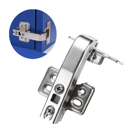 Close-up of a 45 to 90 Degree Hydraulic Damper Hinge for Cabinets and Wardrobes Soft Close Corner Door Hardware, shown in metallic finish.