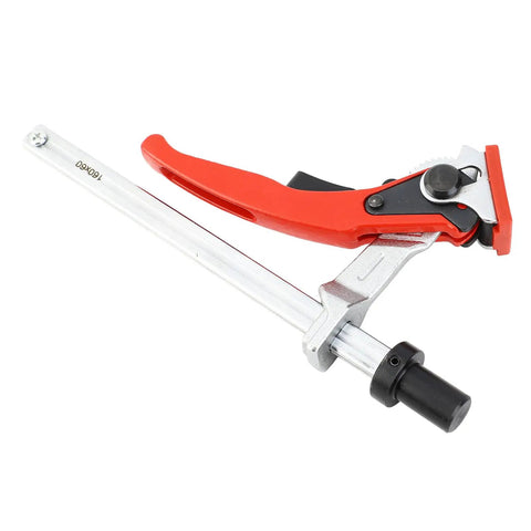 Quick Acting Hold Down Clamp For Woodworking Benches with red ratchet press and metal components