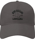 New Orleans Inspired Dark Grey Adjustable Cap For Men With One Size Fits Most Comfy Buckle Closure, Lightweight Breathable Materials