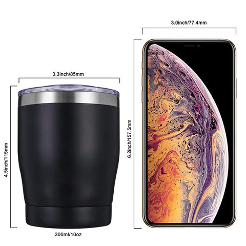 Built Tough 304 Stainless Steel Insulated Travel Mug 300ml next to a smartphone for size comparison on a white background.