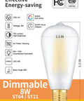 Dimmable 8W Edison LED Bulb 3000K Soft White With Classic Homey Glow 70W Equivalent 700 Lumens E26 Base Vintage ST64