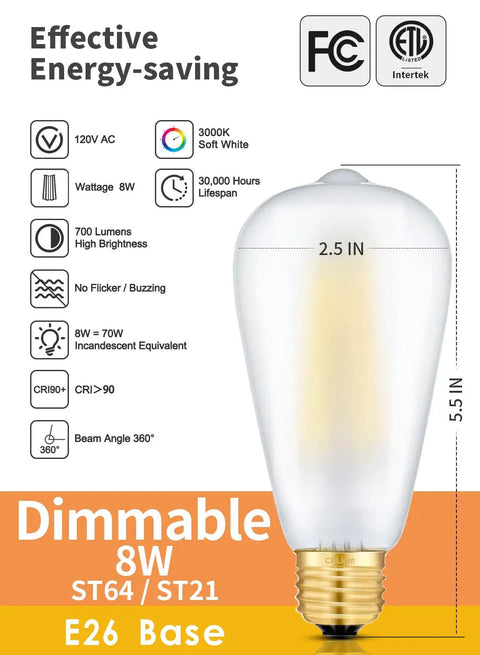 Dimmable 8W Edison LED Bulb 3000K Soft White With Classic Homey Glow 70W Equivalent 700 Lumens E26 Base Vintage ST64