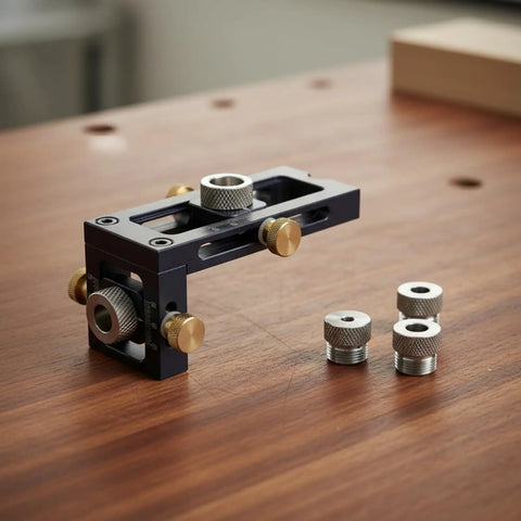 Dead On Positioning Guide With Swappable Stainless Bushings And Knurled Lock Knobs on wooden surface, showing precision jig and bushings.