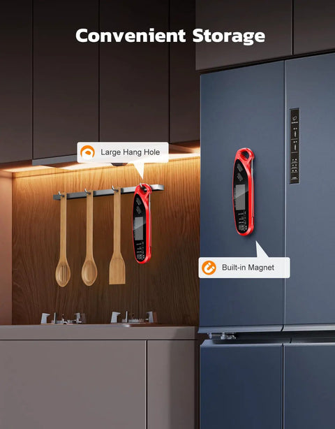 Instant Read Digital Meat Thermometer With Dual Probes for Grilling and Cooking, magnetically attached to fridge.