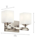 Two-Light Marette 13.5-Inch Vanity Light in Brushed Nickel with Satin Etched Cased Opal Glass for bathroom or powder room.