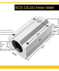 SCS-13LUU linear slider with dimensions for CNC applications, designed for 13mm inner diameter, fits various mounting setups.