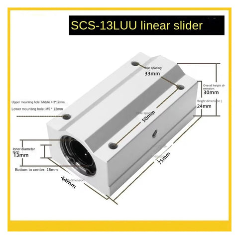 SCS-13LUU linear slider with dimensions for CNC applications, designed for 13mm inner diameter, fits various mounting setups.