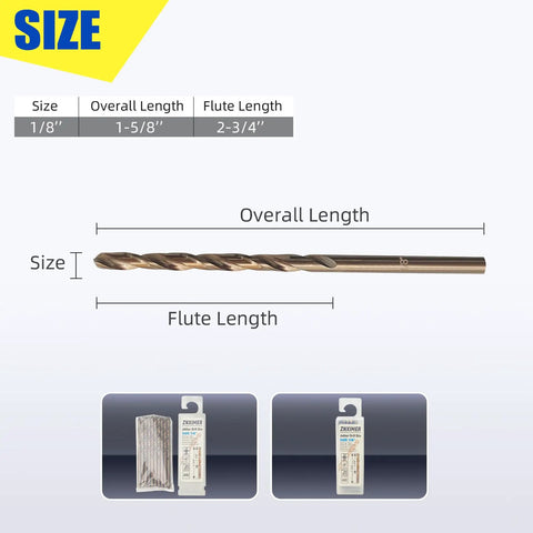 Heavy Duty Pro Grade Cobalt Drill Bit One Eighth Inch M35 High Speed Steel Jobber Length Drill Bit With 135 Degree Point For Hard Metal Stainless Steel And Cast Iron Includes Handy Index Storage Case Pack Of Ten shown with size details