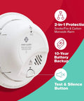 Hardwired Smoke And Carbon Monoxide Combo Detector With Adapter Plugs For No Sweat Swap Install And Ten Year Battery Backup showing test button and features.