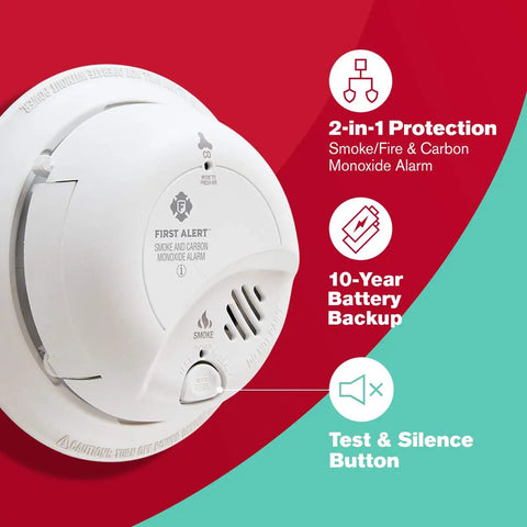 Hardwired Smoke And Carbon Monoxide Combo Detector With Adapter Plugs For No Sweat Swap Install And Ten Year Battery Backup showing test button and features.