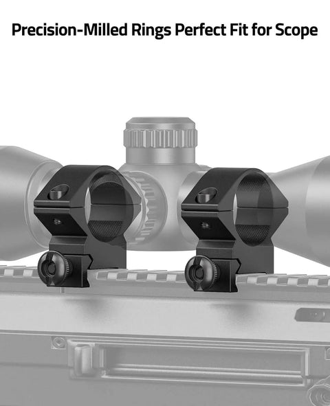 Heavy Duty One Inch Scope Rings With A Low Profile Cut For Picatinny Rails Built From Solid Aluminum, precision-milled design.