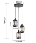 Three Light Farmhouse Pendant Light With Adjustable Ceiling Hanging Fixture and K9 Crystals in black finish, size dimensions shown