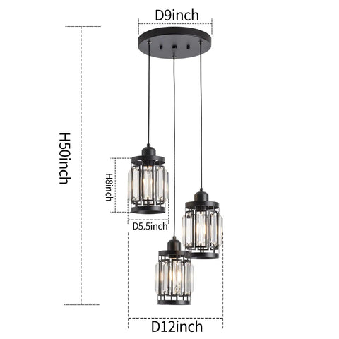 Three Light Farmhouse Pendant Light With Adjustable Ceiling Hanging Fixture and K9 Crystals in black finish, size dimensions shown