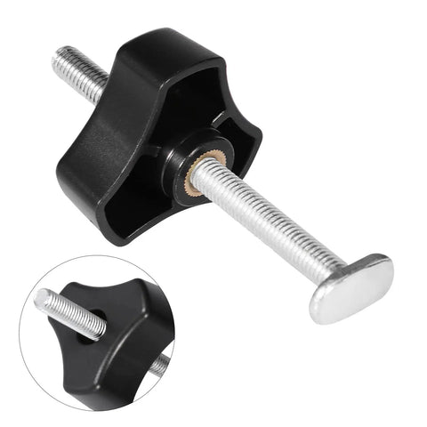 Heavy Duty T Track Hold Down Clamps Secure Wooden Boards Dead Tight With Double Cut Profile And Rubber Pads with silver threaded stem.