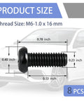 Rock Solid M6 1.0 X 16mm Stainless Steel License Plate Screws, product size diagram with dimensions displayed, 8 pieces.