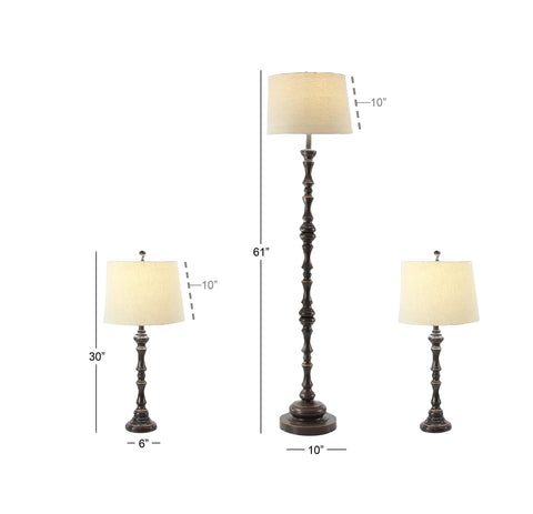 Polystone Floor Lamps Set Of 3 With Drum Shades In Brown Finish, Traditional Trapezoid Silhouette, One Tall 61 Inch And Two 30 Inch Lamps