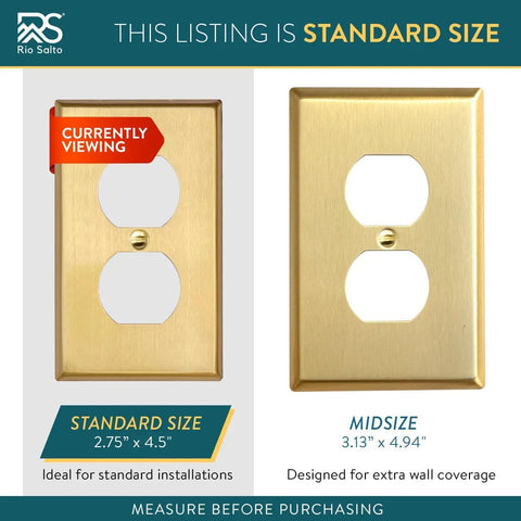 Comparison of standard and midsize brass outlet covers, emphasizing Brass Outlet Covers 5 Pack 1 Gang Real Brass Wall Plates For Duplex Receptacles Brushed Gold Finish Heavy Duty Durable Decorative Wall Plate Covers Standard Size 4.5 X 2.75