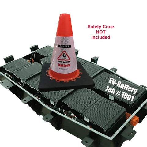 Top Shelf Reflective Safety Cone Collar Kit For EV Repair High Voltage Danger Warning Sign 3 Pack displayed on EV battery.