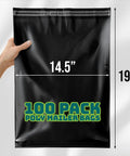 Hand holding a Durable Black 14.5x19 Inch Poly Mailers, 100 Pack, Waterproof Self Sealing Shipping Bags, showing size and logo