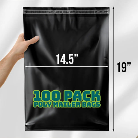 Hand holding a Durable Black 14.5x19 Inch Poly Mailers, 100 Pack, Waterproof Self Sealing Shipping Bags, showing size and logo