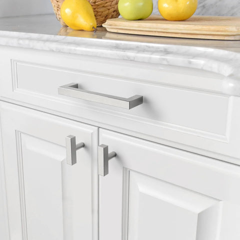 10 Pack Brushed Satin Nickel Cabinet Pulls 5 Inch Center To Center Square Drawer Handles For Kitchen Cabinets Installed