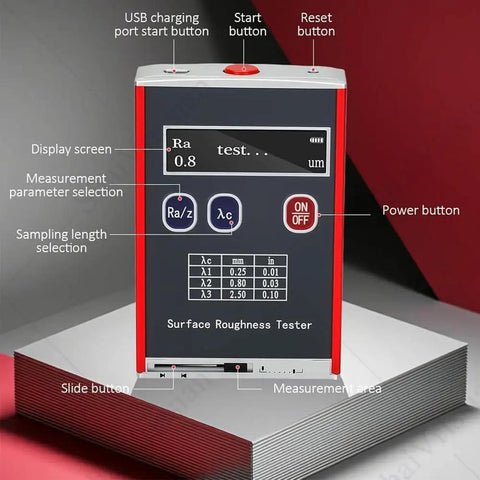 Digital Handheld Roughness Tester Pro Grade With Standard Calibration Block For Industrial Measurement Delivers Crisp Readings On Ra Rq Rz Rt Across Flat Curved And Tapered Surfaces Ideal For Glass Block Inspection.