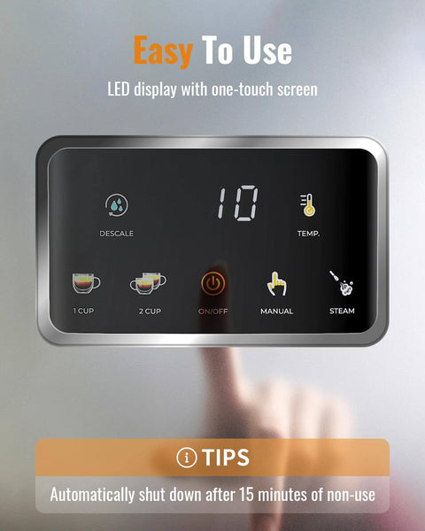Touchscreen panel of 20 Bar Espresso Machine With Milk Frother And Touchscreen 1350W Power for easy temperature adjustments