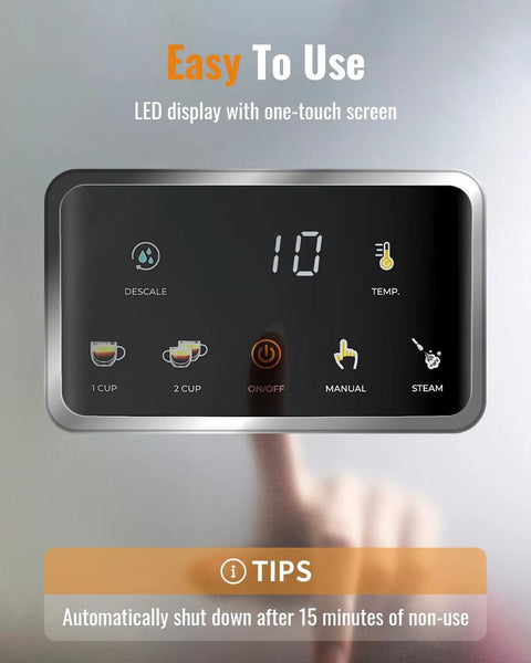 Touchscreen display of Pro 20 Bar Espresso Machine With Milk Frother And Touchscreen Brew Cafe Quality Cappuccinos And Lattes