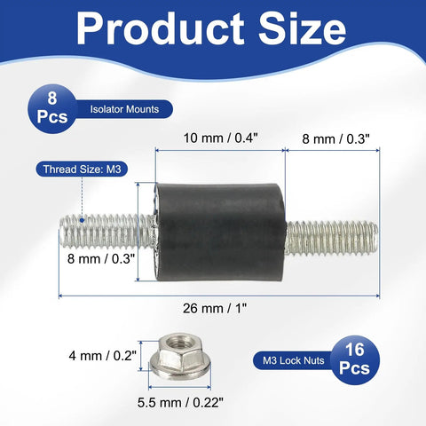 Beefed Up Heavy Duty M3 Rubber Isolator Mounts 8x10mm Vibration Dampers With 26mm Height And Lock Nuts For Motors Air Compressors Small Engines And Other Gear That Needs Quiet Steady Operation 8 Pack size diagram with M3 mount and lock nut