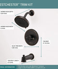 Westchester Tub and Shower Trim with Single Handle in Oil Bronze Finish, 14S, showing shower head, valve trim, and tub spout dimensions.