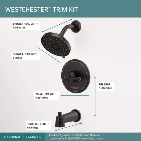 Westchester Tub and Shower Trim with Single Handle in Oil Bronze Finish, 14S, showing shower head, valve trim, and tub spout dimensions.