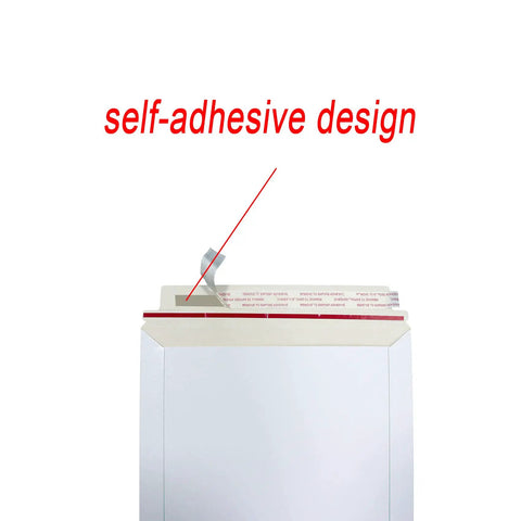 Rigid Mailers 30 Pack 9.5 x 12.5 Inches White Self Seal Stay Flat Bulk Cardboard No Bend Mailers for Documents Photos Files CDs Peel and Seal Protection showing self-adhesive design