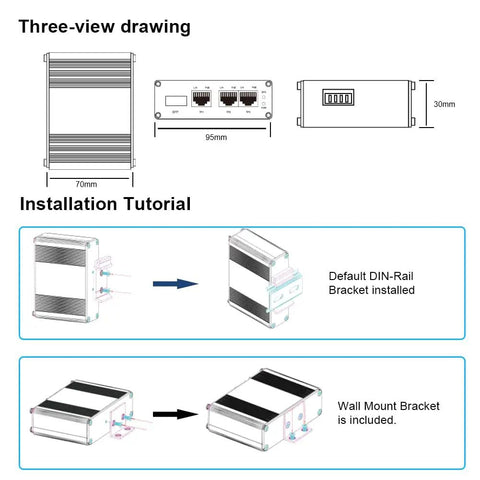 Three-view drawing and installation tutorial for Bulk 40 Pack Factory Price Industrial Gigabit PoE Switch With 3 Ports, Fiber SFP Slot.